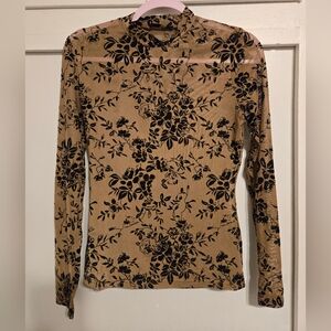 SHEIN Tan Velvet Long Sleeve Top with Black Floral Print